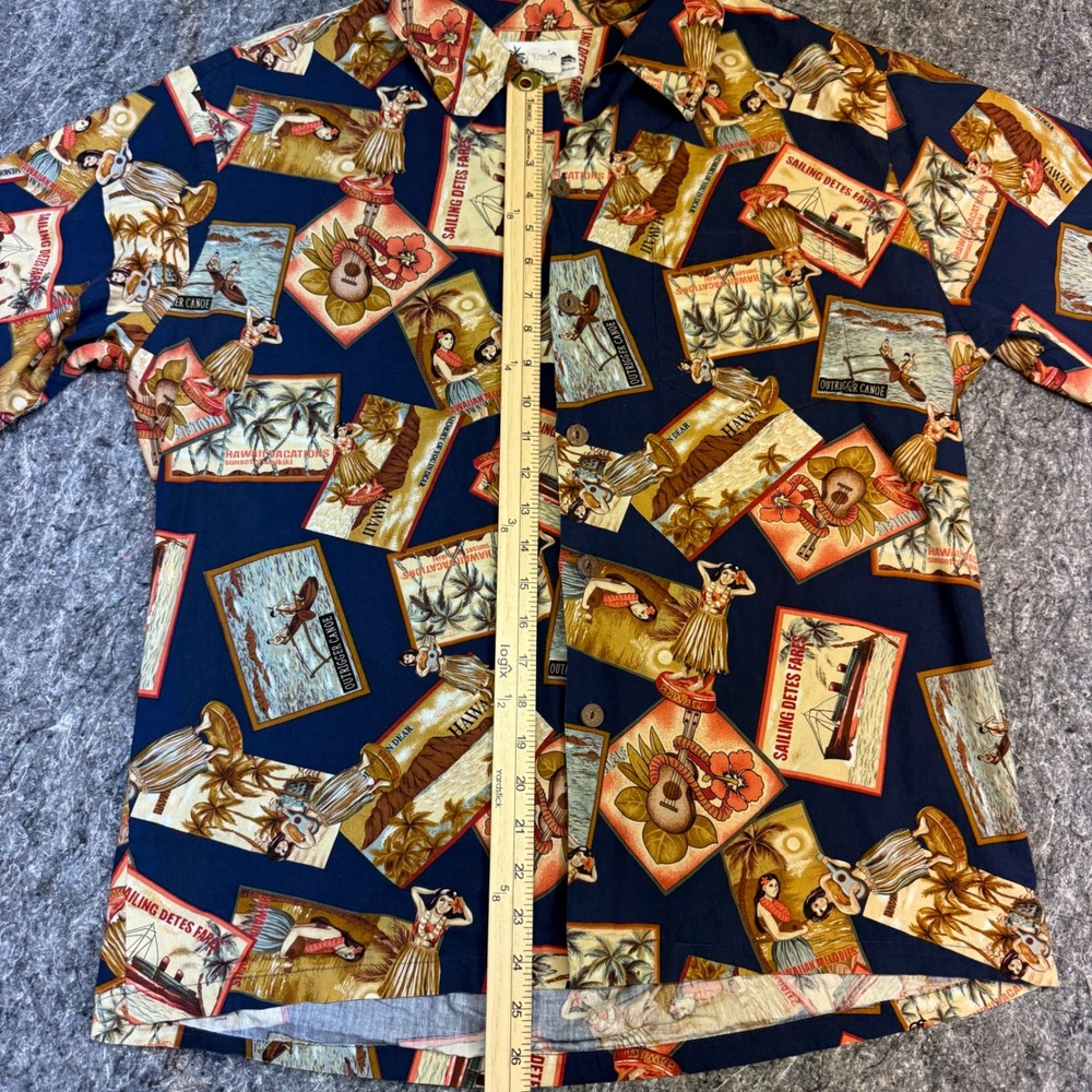 Howie Made in Hawaii Mens Large Postcard Print Cotton Aloha Shirt Navy Blue Vtg - Picture 2 of 9